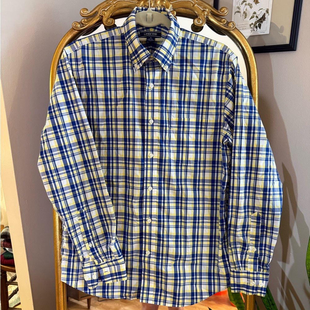 Lands' End Men's Blue and Yellow Plaid Shirt